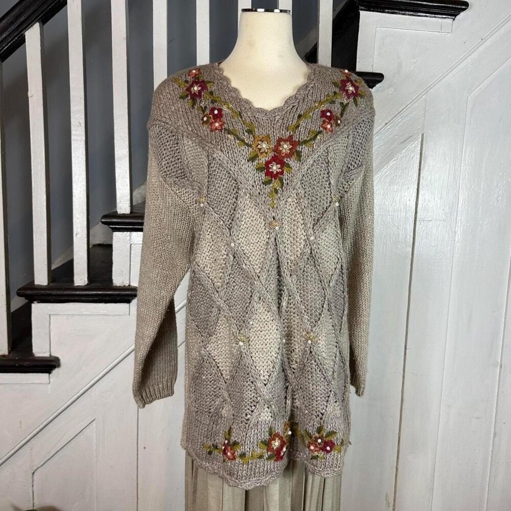 Vintage 80s Embroidered Chunky Knit Sweater